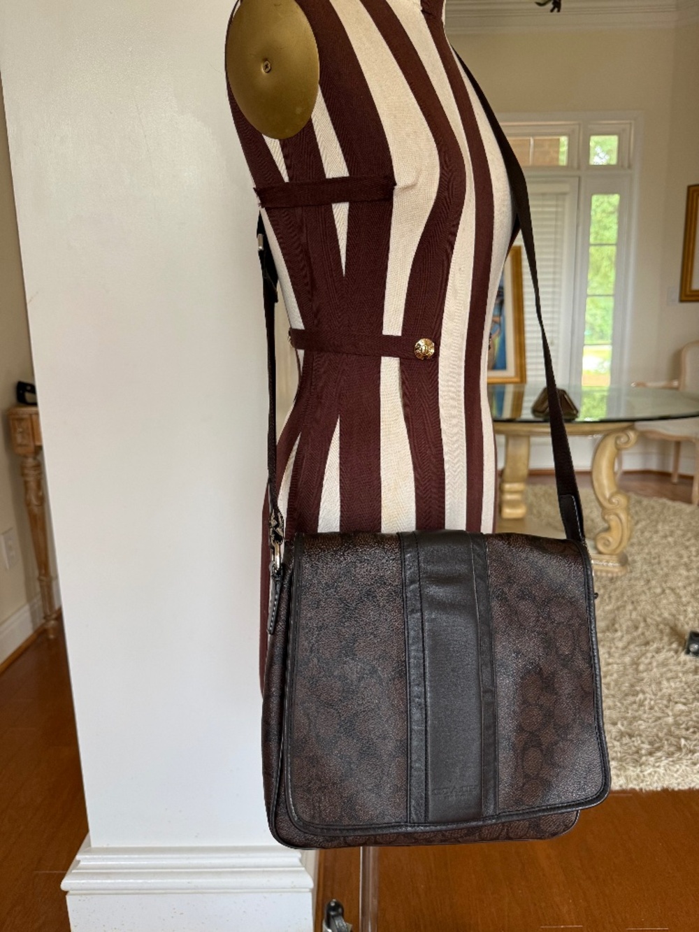 COACH Crossbody File/Messenger Shoulder Bag Stripe Brown Coated Canvas